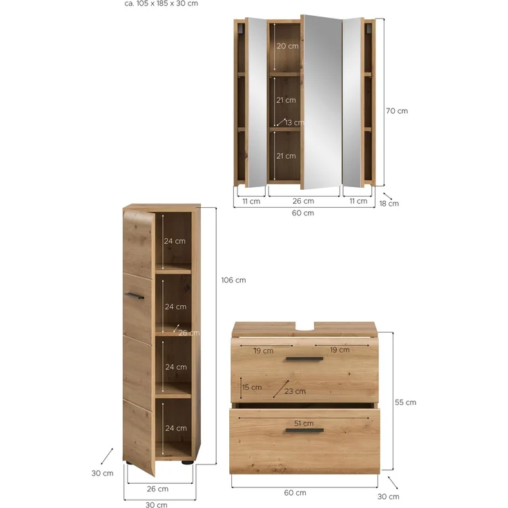 Badkombination (B/H/T: 105x185x30 cm) in Artisan Oak Nachbildung und Artisan Oak Nachbildung – Bild 4