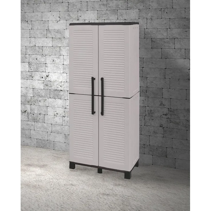 Dmora - Verviers Outdoor-Garderobe, Mehrzweck-Balkonschrank mit 2 Türen, 100 % Made in Italy, 68 x 37 x 169 cm, Hellgrau und Schwarz, gestreifte Oberfläche