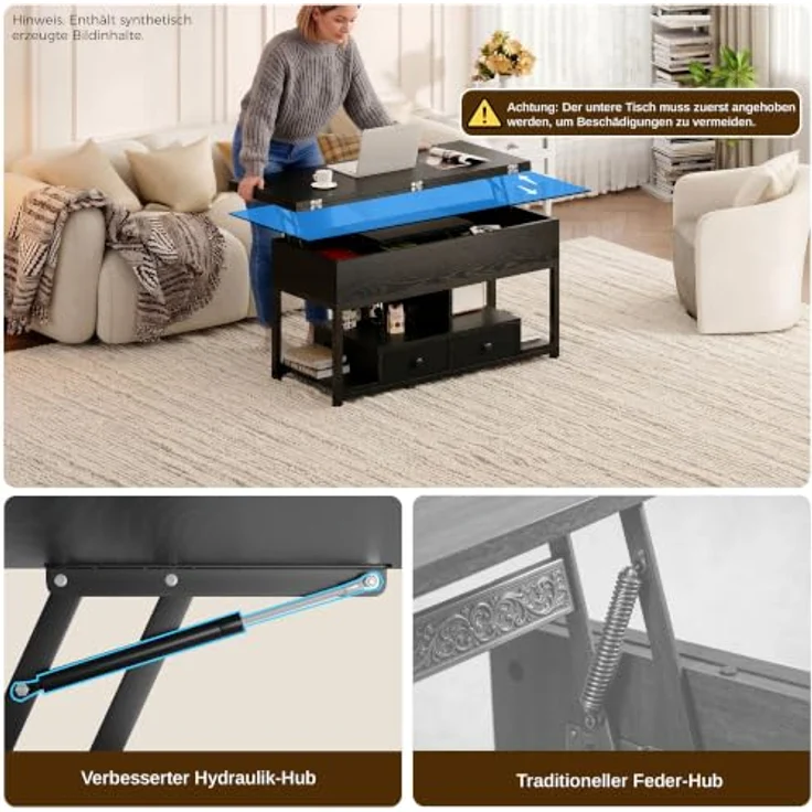 IRONCK Couchtisch Höhenverstellbar, LED Wohnzimmertisch mit Steckdosen | 2AC+USB+USB‑C, Kaffeetisch Holz, 2 Schubladen, Umwandelbar Esstisch 100×80cm, Schwarz – Bild 8