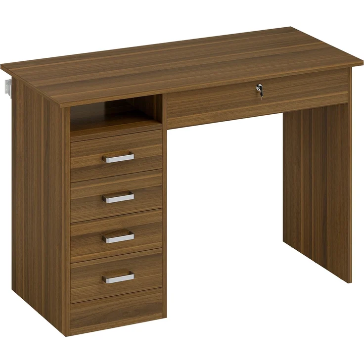 Schreibtisch mit 5 Schubladen, 110 x 50 cm, Schreibtisch mit Stauraum, offenes Regal, abschließbare Schublade, Nussbaum – Bild 10