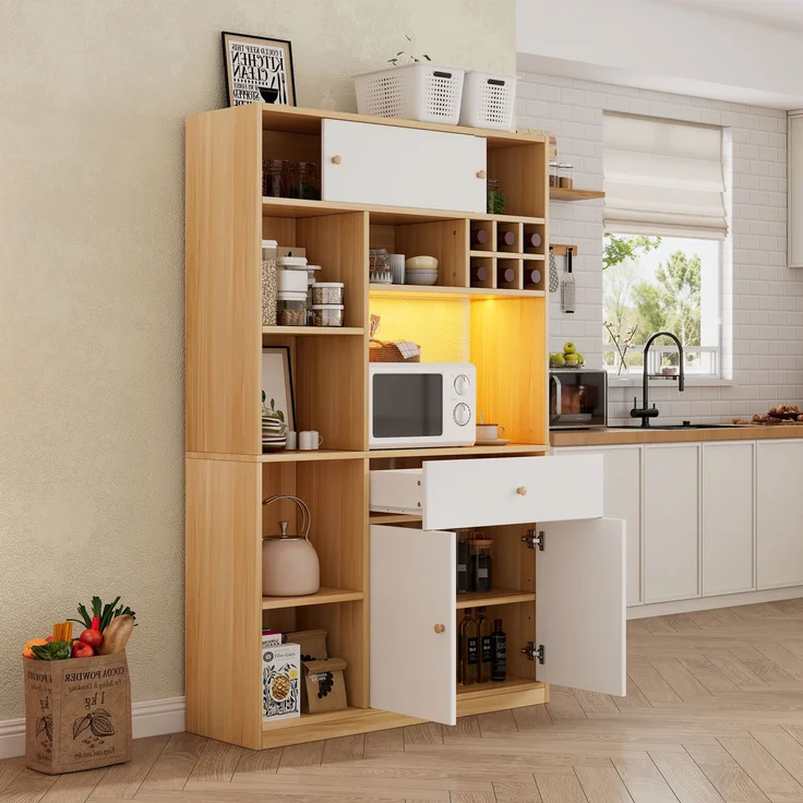 ZUBALIYA Buffetschrank 115x35x180 cm, mit LED-Beleuchtung, aus Spanplatte, Weiß / Natur – Bild 10