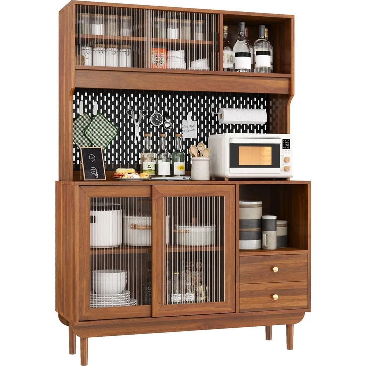 ZUBALIYA Lochplatten-Rückwand / Küchenschrank aus MDF und Spanplatte mit Kiefernholz Füßin, mit küchenbuffet mit Riffelglas-Schiebetüren und schubladen und offenen Fächern, 117.00 x 30.00 x 170.00 cm – Bild 9