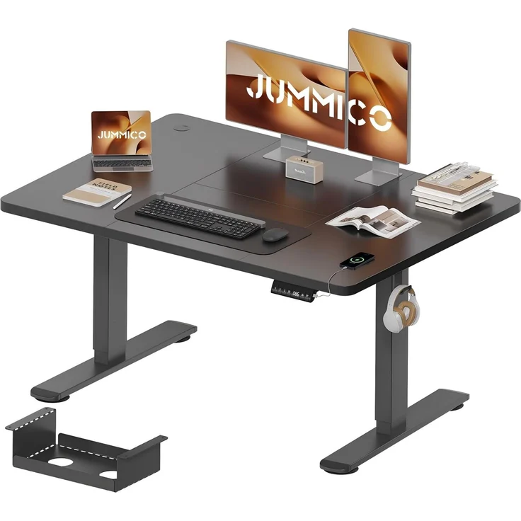 JUMMICO Schreibtisch elektrisch höhenverstellbar mit Kabelwanne & USB-Buchse, Schwarz, 120x70 cm