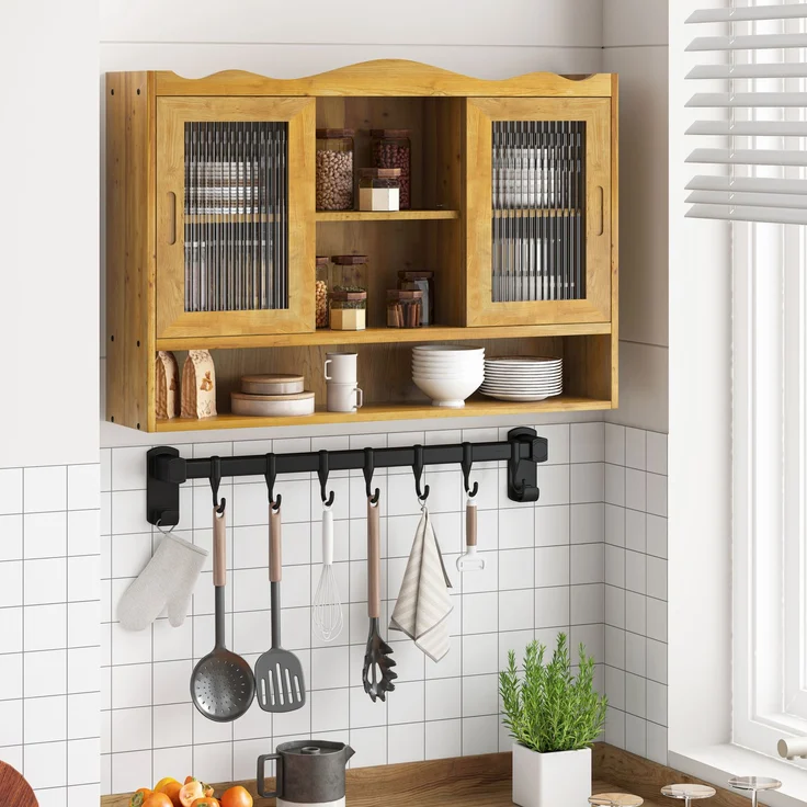 Abrihome Retro-Wandschrank mit 4 Türen und Haken, Natur, 90x20x60 cm – Bild 1