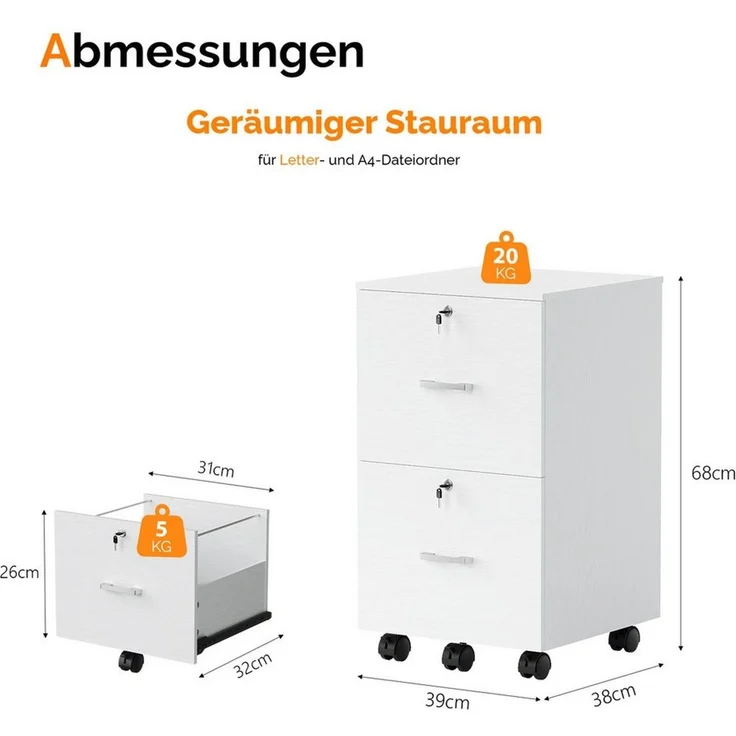 VINGLI Aktenschrank Holz, mobiler Aktenschrank, Rollcontainer abschließbar, 2/3 Schubladen verstellbare Hängestangen für A4/Letter-Format, weiß/schwarz – Bild 2