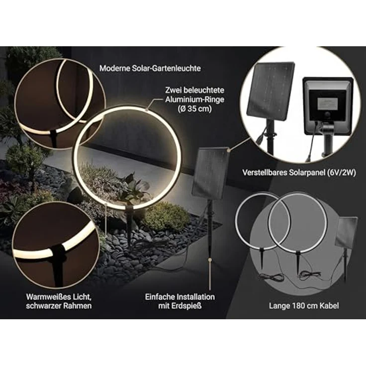 Arnusa Solar Gartenleuchten, LED Gartenstecker mit warmweißen Leuchtringen, Aluminium, 2er Set, flexibles Solarpanel mit 4 Lichtmodi – Bild 2