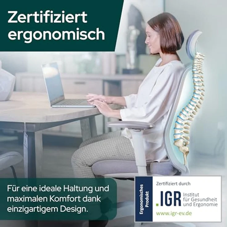 SCHEKKA ErgoPrime Pro Bürostuhl, ergonomisch, IGR zertifiziert, individuell einstellbar, 150 kg, Grau Mint – Bild 3