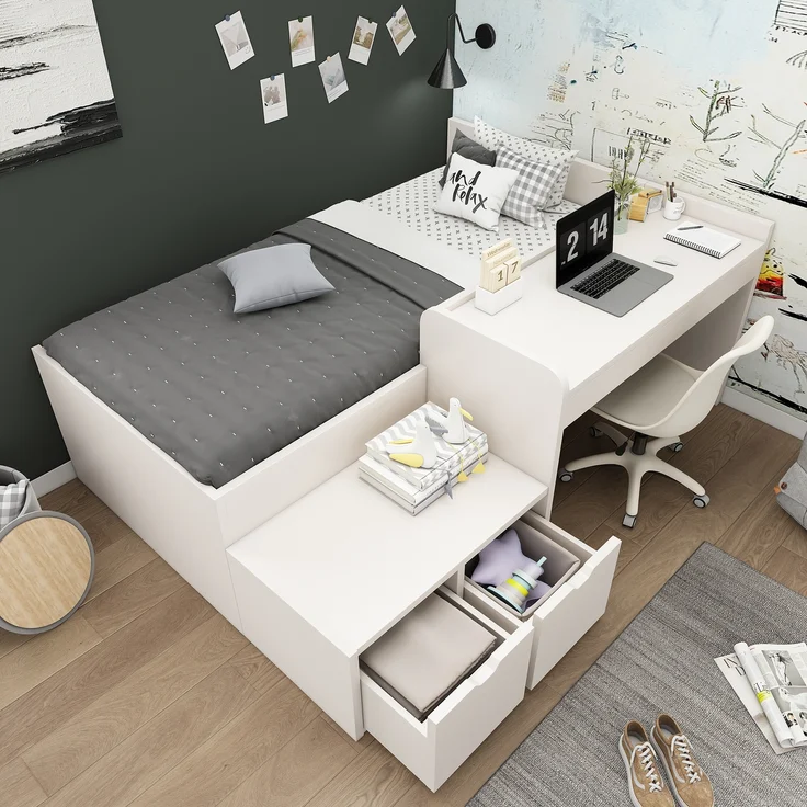 MODFU Kinderbett Schreibtischbett Funktionsbett für Kinderzimmer (Jugendbett, Lernbett, 1-tlg, 90 x 200 cm, Ohne Matratze), mit integriertem Schreibtisch und Schubladen – Bild 5