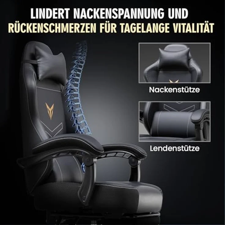 GTPLAYER Gaming Stuhl, Ergonomischer Gamer Sessel mit Fußstütze, Bürostuhl Höhenverstellbar mit Kopf- und Lendenkissen,Drehstuhl aus Kunstleder schwarz – Bild 6