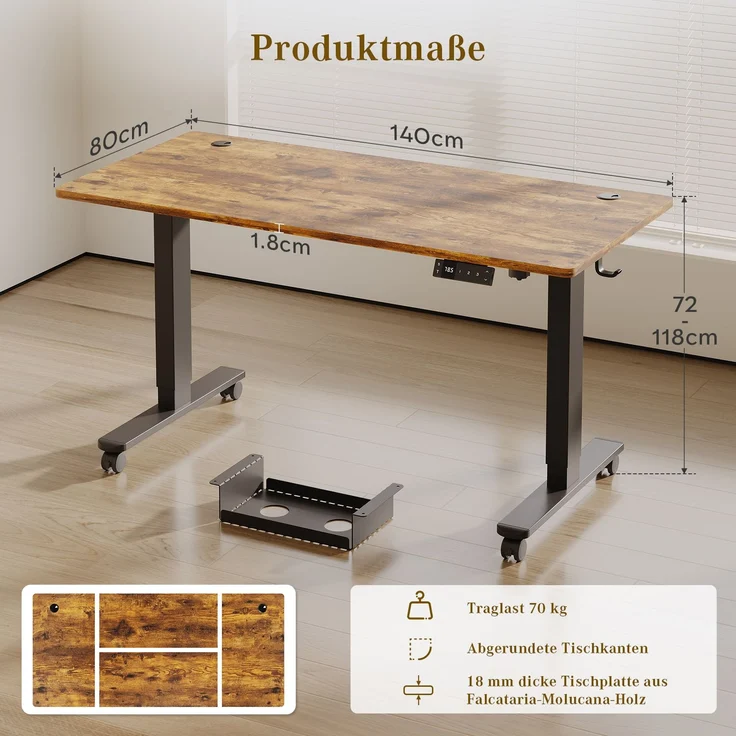 Devoko Höhenverstellbarer Schreibtisch Holzwerkstoff und Metall Braun 140 x 80 x 72-118 cm – Bild 8