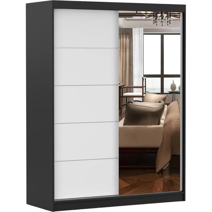 Schiebetürenschrank, eleganter Kleiderschrank Schrank Garderobe Spiegel Vista 05, Schlafzimmer- Wohnzimmerschrank Schiebetüren Modern Design (Schwarz/Weiß)