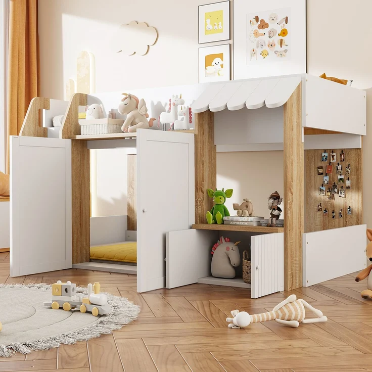 Merax Kinderbett Hausbett 90x200cm, mit offenem Stauraum, mit Kletterleiter, Halbhohes Kinderhochbett, Massivholz-Kinderetagenbett ohne Matratze, Weiß+Holzfarbe – Bild 5