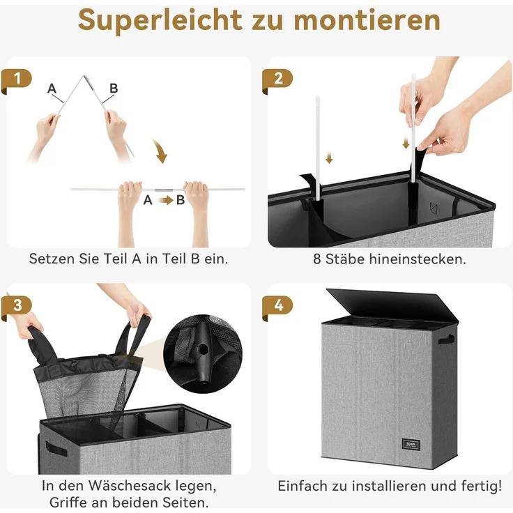 Wäschekorb 160L mit 3 Fächern, Deckel & 3 Wäschesäcken Grau XXXL – Bild 7