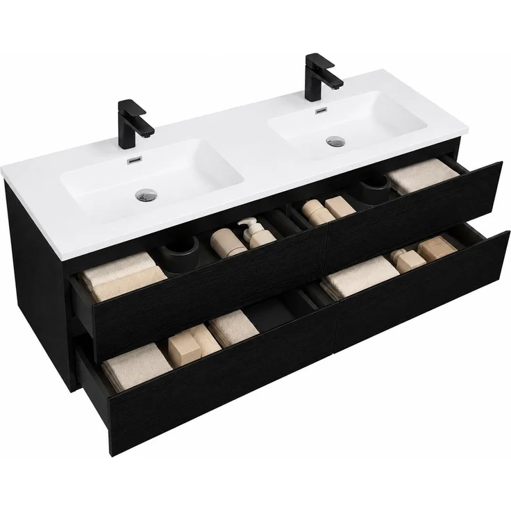 Badplaats Badmöbel Set mit Waschbecken und Unterschrank Angela 160 x 48 cm Schwarz Holz - Waschbeckenunterschrank mit Soft-Close und Doppelwaschbecken, Vorgemontiert – Bild 2