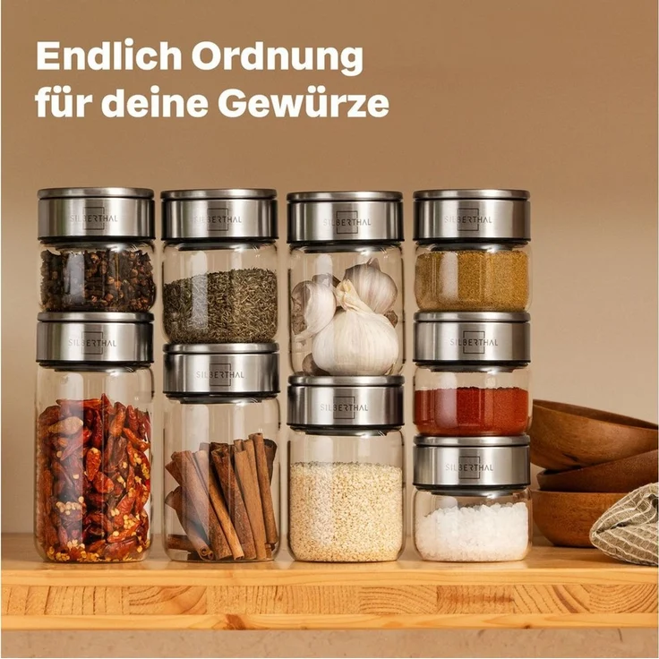 SILBERTHAL Gewürzbehälter 12 x Gewürzglas 300 ml Set, Glas, Edelstahl, (12-tlg, 12er Set), Luftdicht & Mottensicher – Bild 2
