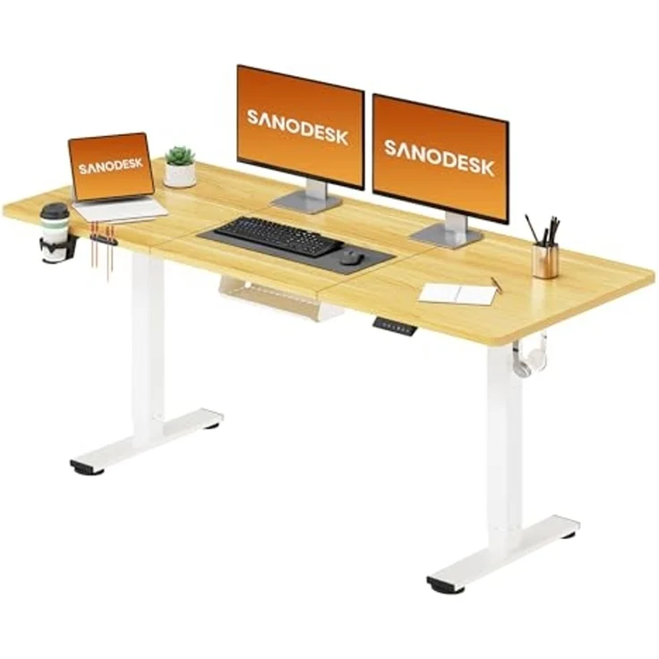 SANODESK Höhenverstellbarer Schreibtisch 160x60 cm Schreibtisch Höhenverstellbar Elektrisch Ergonomischer Steh-Sitz Tisch Computertisch für Heimbüro Homeoffice(ahorn) – Bild 1