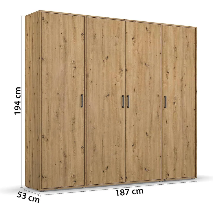 Rauch Möbel Voyager Schrank Kleiderschrank Drehtürenschrank, Eiche Artisan, 4-türig, inkl. 1 Kleiderstange, 7 Einlegeböden BxHxT 187x194x53 cm – Bild 3