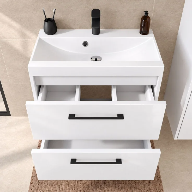 Badmöbel Komplettset Florence 60 x 35 cm Weiß Hochglanz - Badezimmermöbel mit Waschbecken und Spiegelschrank – Bild 3
