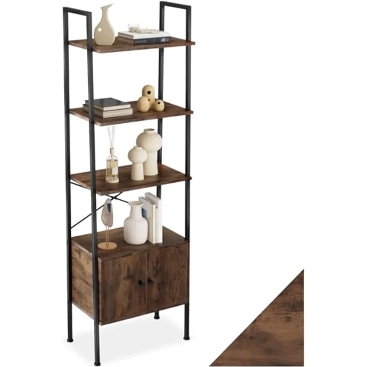 tectake Leiterregal Brentwood, Holzwerkstoff in Beton-Optik, 4 Ebenen, 2 Schrankfächer, 34x173x57,5 cm, Industrial Style – Bild 1