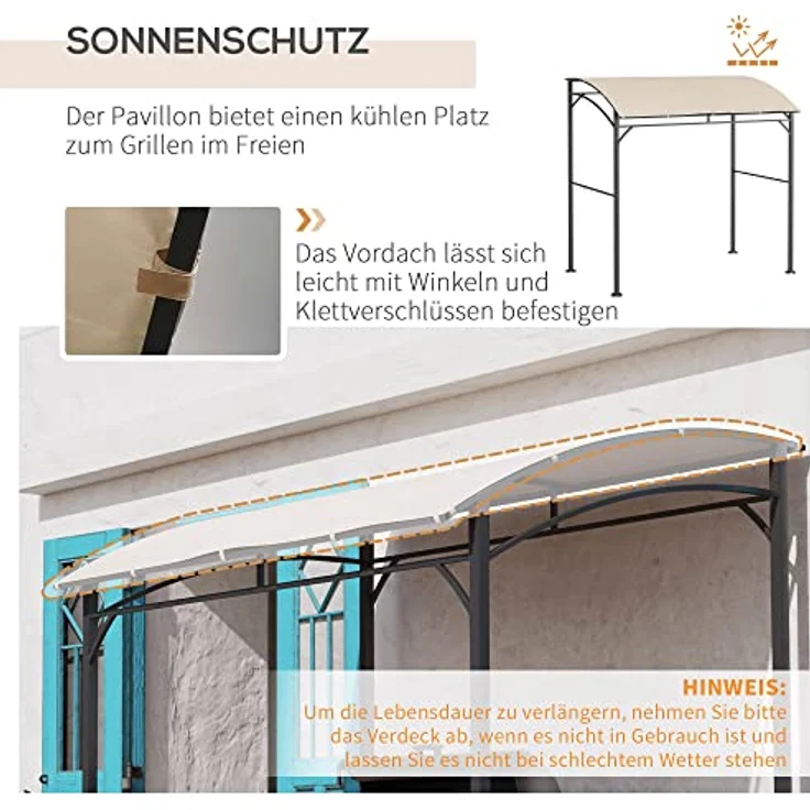 Outsunny Grillpavillon 215 x 150 x 220 cm, wasserabweisend mit gebogendem Dach, inkl. 10 Haken, beige – Bild 3