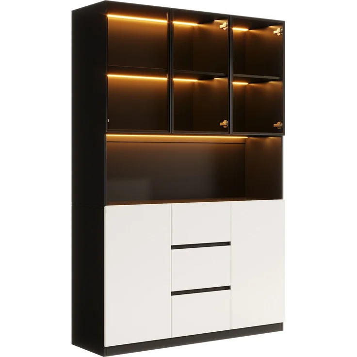 ZUBALIYA LED-beleuchtete Glasvitrine 120×40×200 cm – Vitrine aus gehärtetem Glas mit offenen Regalen, drei Schubladen und zwei Türen. Ein vielseitiger Schrank, der sich für Wohn- und Esszimmer eignet. – Bild 11