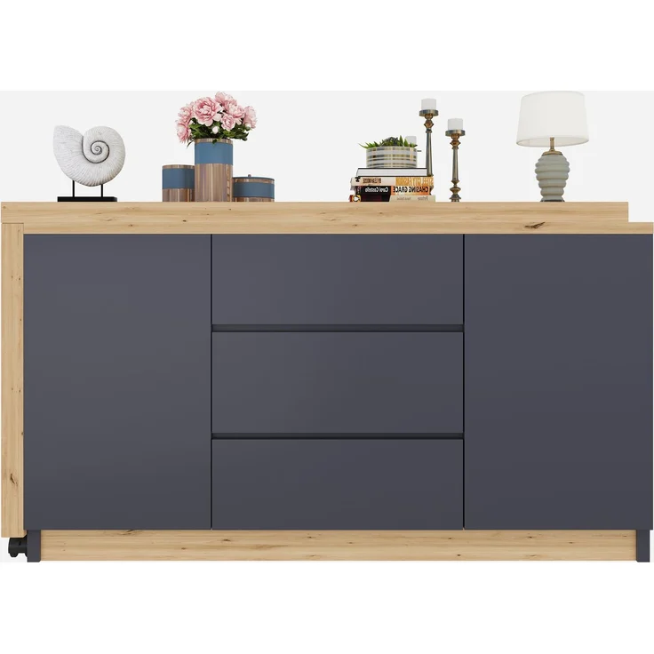Schreibtisch 120 x 50 x 76,5 cm, 360° dreh- und klappbar, 3 Schubladen, 2 Türen, 4 cm Tischplatte, 2 feststellbare Rollen, Spanplatte, Grau/Eiche – Bild 8