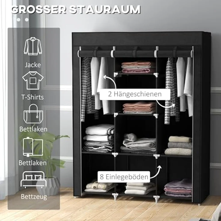 HOMCOM Stoffschrank Faltschrank, Faltbare Garderobe aus Vliesstoff (Kleiderschrank, 1-St, Tücherschrank) Schwarz, 125 x 43 x 162,5 cm – Bild 4
