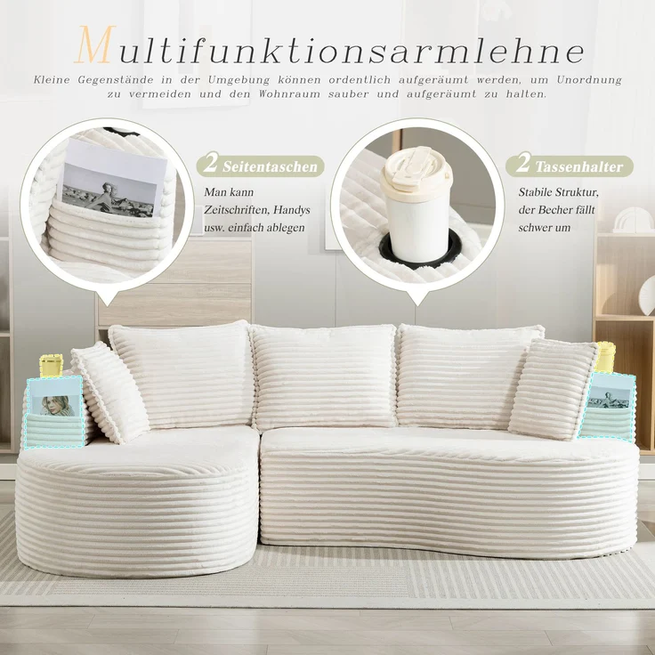 LVHOM Ecksofa L-Form, Cloud Sofa mit Tassenhalter und Seitentaschen, 3-Sitzer Sofa aus Cordstoff, kein Aufbau erforderlich, 250x152cm, Beige – Bild 3