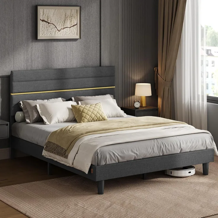 VASAGLE Doppelbettgestell, Bettgestell, passend für 160 x 200 cm Matratze, verstellbares gepolstertes Kopfteil, Bettrahmen, Metall, Massivholz