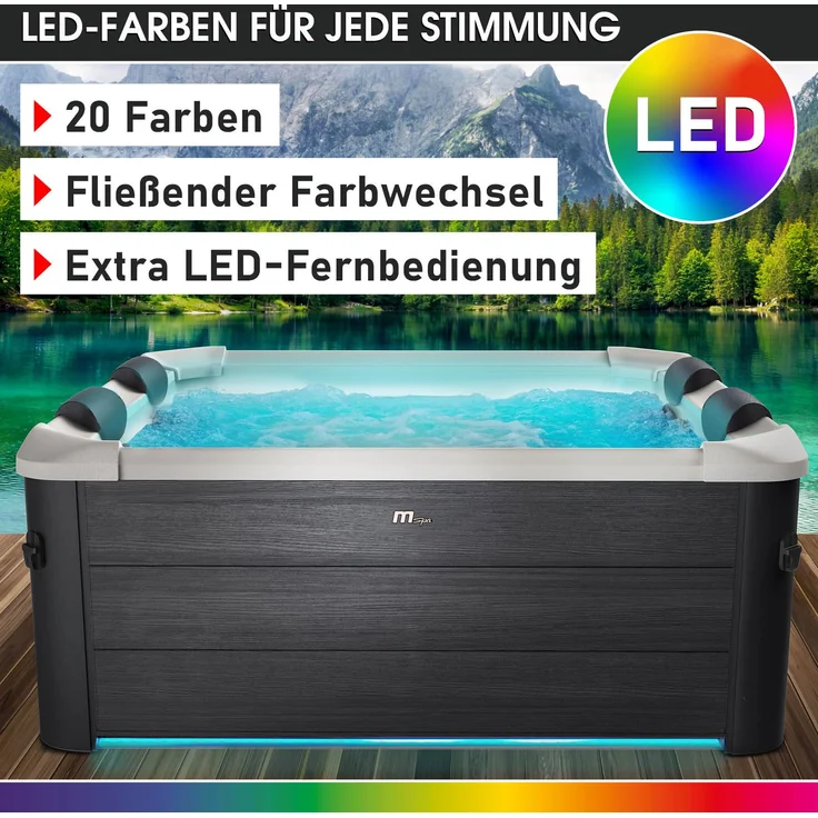 BRAST Whirlpool 'MSpa Oslo', 160 x 160 x 65 cm, mit fester Außenwand, LED-Beleuchtung (20 Farben), für 6 Personen, 120 Massagedüsen, ganzjähriger Einsatz, winterfest, für Indoor & Outdoor – Bild 8