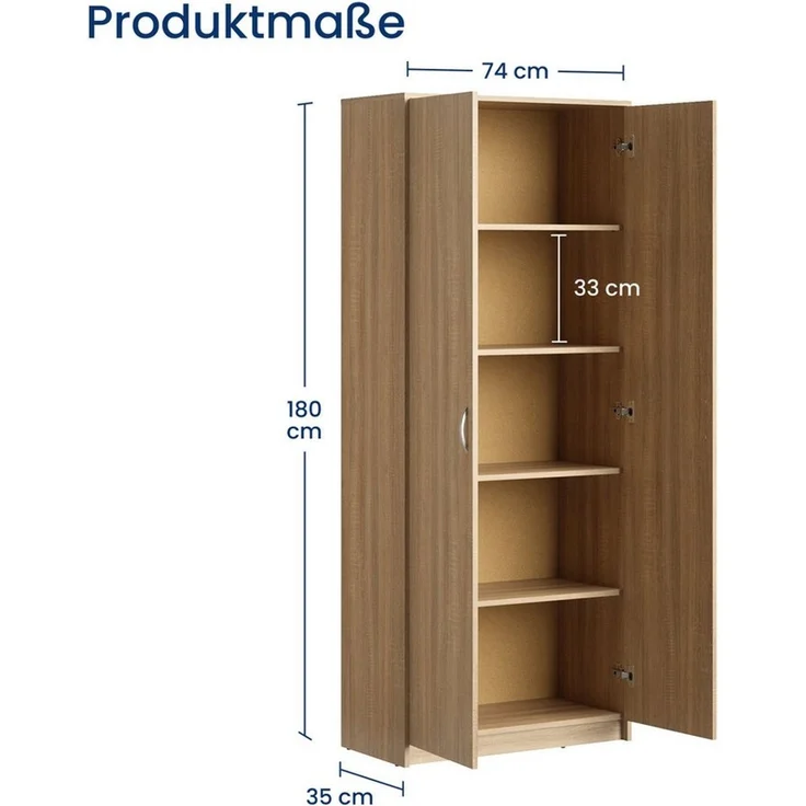 Home Collective Mehrzweckschrank Aktenschrank mit 5 Fächern Haushaltsschrank (74 cm breit aus Laminatplatte und hochwertigen Polymergriffen) in mattem Finish mit 4 Einlegeböden und 2 Türen sonoma