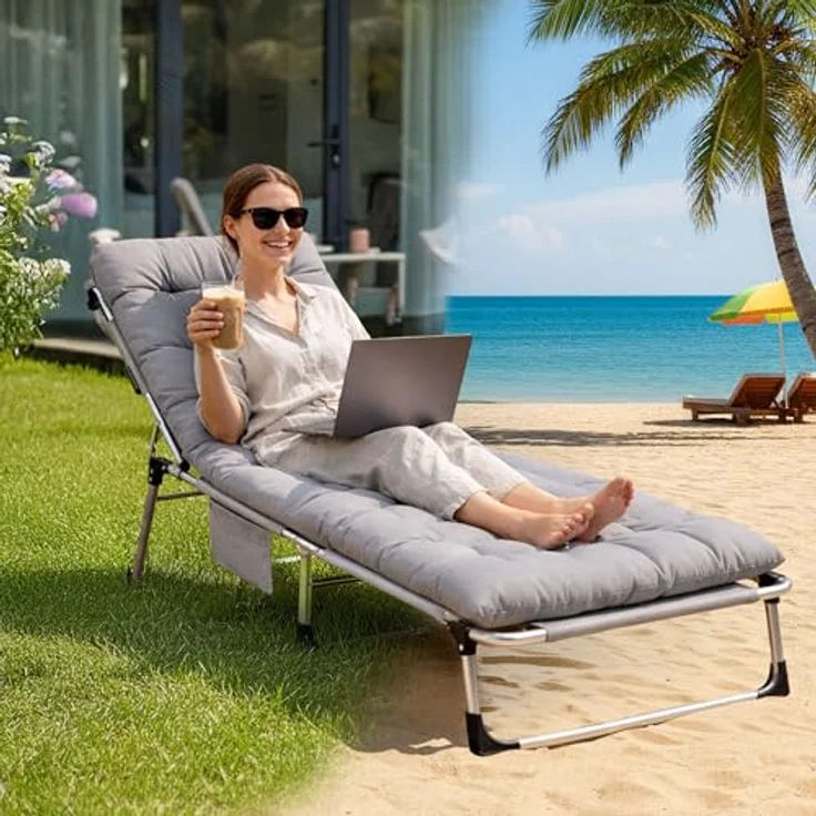 Sofotel Klappbares Gästebett und Sonnenliege mit Matratze und Kissen - 5-stufig verstellbare Gartenliege - für Schlaf und Entspannung - 193 x 67 x 40-75,5 cm - für Camping, Garten und Gäste - Grau – Bild 2
