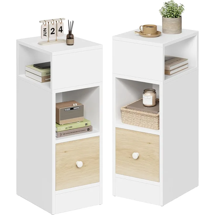 EUGAD 2er Set Nachttische schmal mit 2 offenen Ablagen 1 Schublade, schmaler Kleiner Nachtschrank im Schlafzimmer, 25 x 66 x 30 cm, Nachtkästchen Platzsparend, aus Holzwerkstoff, Weiß Eiche, 0011CTG-2