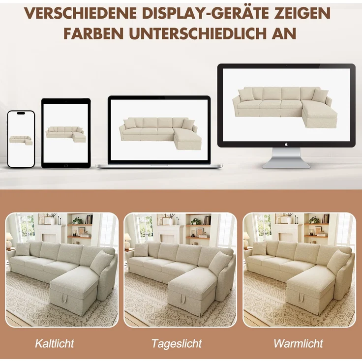 DESVIAE Sofa L-Form Beige aus Leinenoptik – 274x83x128,5 cm – Stauraum, abnehmbare Bezüge – Bild 4