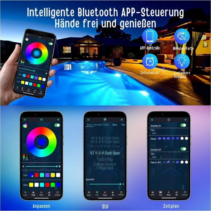 Vivitar Pool-Lampe 15W Poolbeleuchtung IP68 Wasserdicht & Dimmbar mit Magnet, LED fest integriert, RGB, APP-Steuerung - Farbwechselnde RGB-LED-Poolbeleuchtung für pool – Bild 3