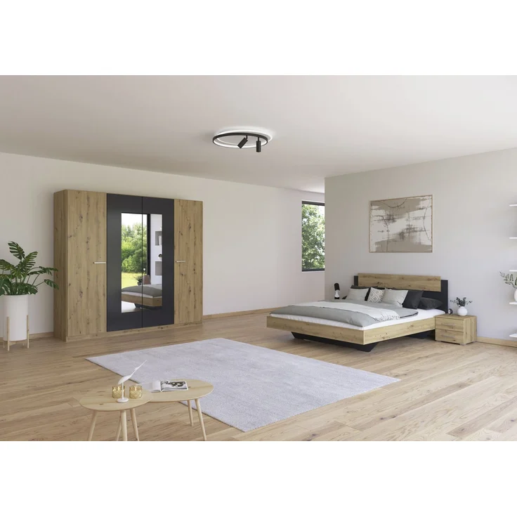 Schlafzimmer Borba in Eiche und Grau mit Drehtürenschrank 4 teilig – in verschiedenen Bettvarianten wählbar - 4 teilig , Kleiderschrank 226cm Breite + Bett 160x200cm + 2 Nachttisch