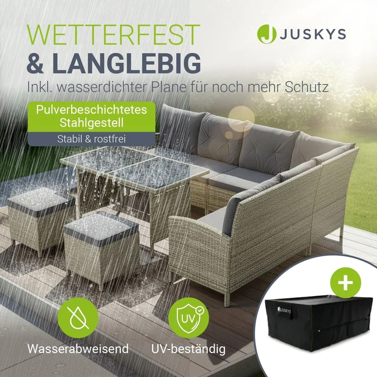 Juskys Polyrattan Lounge Manacor grau– Gartenlounge mit Sofa, Tisch, 2 Hocker & Kissen, inkl. Abdeckung – Gartenmöbel Set bis 8 Personen – Sitzbezüge in Dunkelgrau – Bild 2
