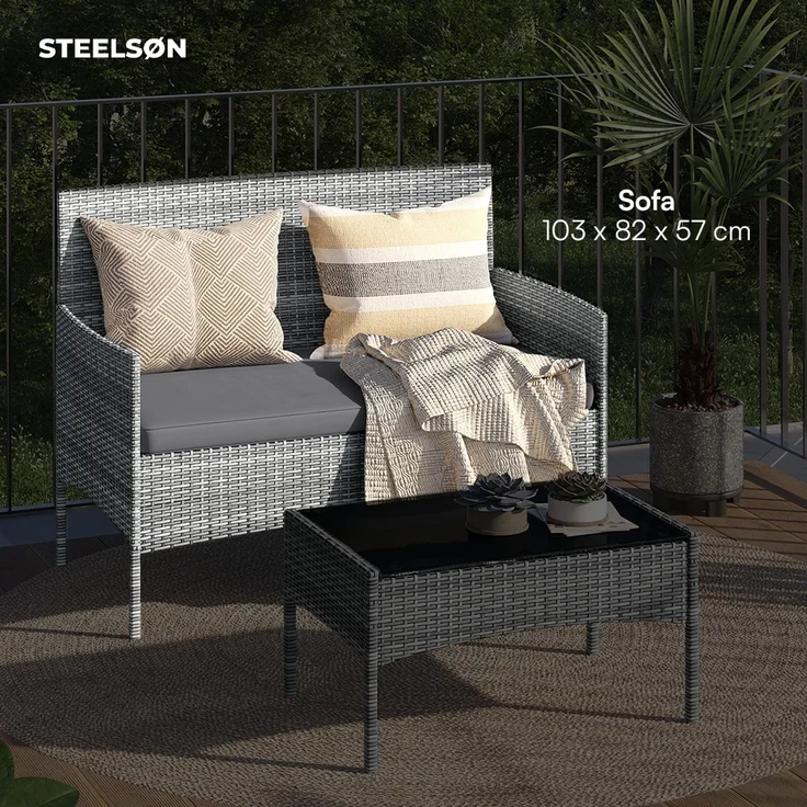 STEELSØN 'Thalora' Gartensofa 2er-Sitzer, inkl. Kissen, grau-meliert/anthrazit, 84x55x100 cm, aus Polyrattan – Bild 6