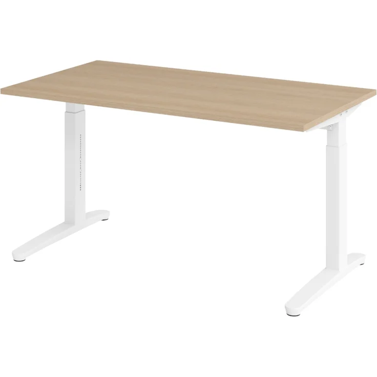 bümö manuell höhenverstellbarer Schreibtisch 140x80 in Eiche, Gestell in weiß - PC Tisch höhenverstellbar & klein, höhenverstellbarer Tisch Büro, kleiner Computertisch verstellbar, X14-E-WW – Bild 1