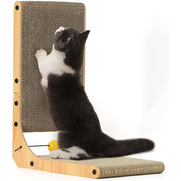 FUKUMARU Kratzbrett Katzen, 48 cm hohe L förmige Kratzpappe, widerstandsfähig Katzenkratzbrett mit Ballspielzeug, Katzen Kratzmöbel aus hochwertiger Karton für Wand und Ecke, Mittlere Größe