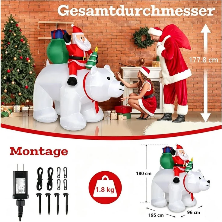 VINGLI Weihnachtsfigur Wetterfest, Weihnachtsdeko Aufblasbar für Innen & Außen, 180 cm Aufblasbarer Weihnachtsmann auf Eisbär – 7 LEDs – Bild 2