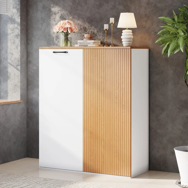 ZUBALIYA Modernes Büromöbel-Set & Schreibtisch-Set mit Aktenschrank – 140cm Computertisch mit Klappfach, Unterschränken & Rillendesign, Holzoptik & Weiß, Großer Arbeitsplatz für Home Office & Büro – Bild 4