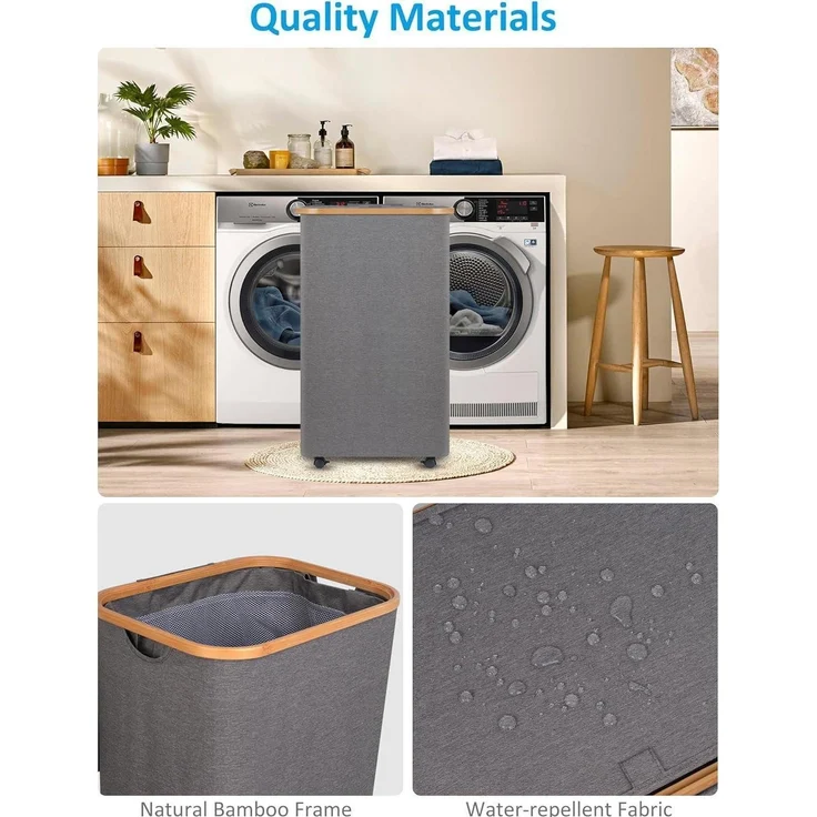 efluky Wäschekorb XL 100L mit Rollen Deckel Herausnehmbarer Innentasche Grau – Bild 6