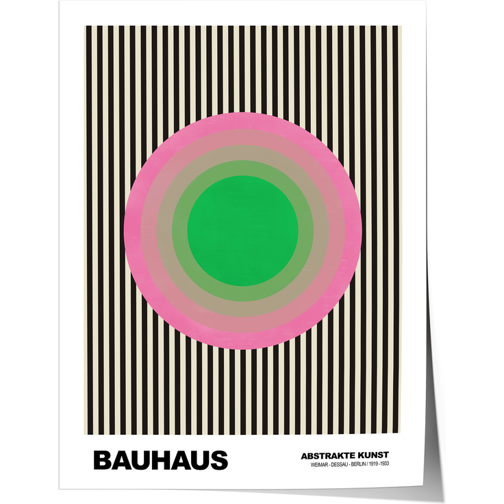 Poster Bauhaus Abstrakte Kunst · Grüner Kreis mit rosa Ringen auf schwarzen Streifen · Geometrisches Retro Wandbild · Print ohne Rahmen - 15x20cm