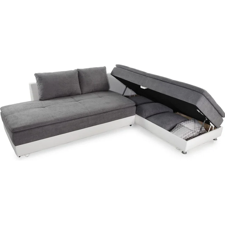 Ecksofa-Dauerschläfer Doppelbett Federkern Bettkasten Couch in Hellgrau Weiß – Bild 3