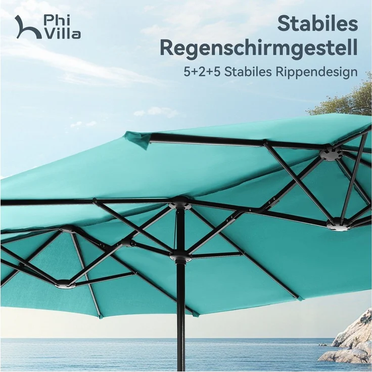 PHI VILLA Sonnenschirm, Balkon Rechteckig Groß Balkonschirm Garten Gartenschirm mit Kurbel UV Schutz Parasol Windfest, Mit der rostfreien Stahlstange und 12 Stahlrippen – Bild 3