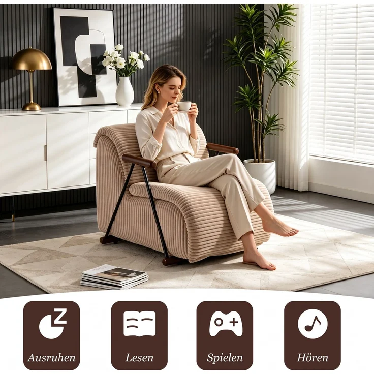 LVHOM Relaxsessel mit Lattenrost, ergonomischer Fernsehsessel, gepolsterter Loungesessel mit Armlehnen, XXL Lesesessel für Wohn- und Schlafzimmer, Cord Braun – Bild 7