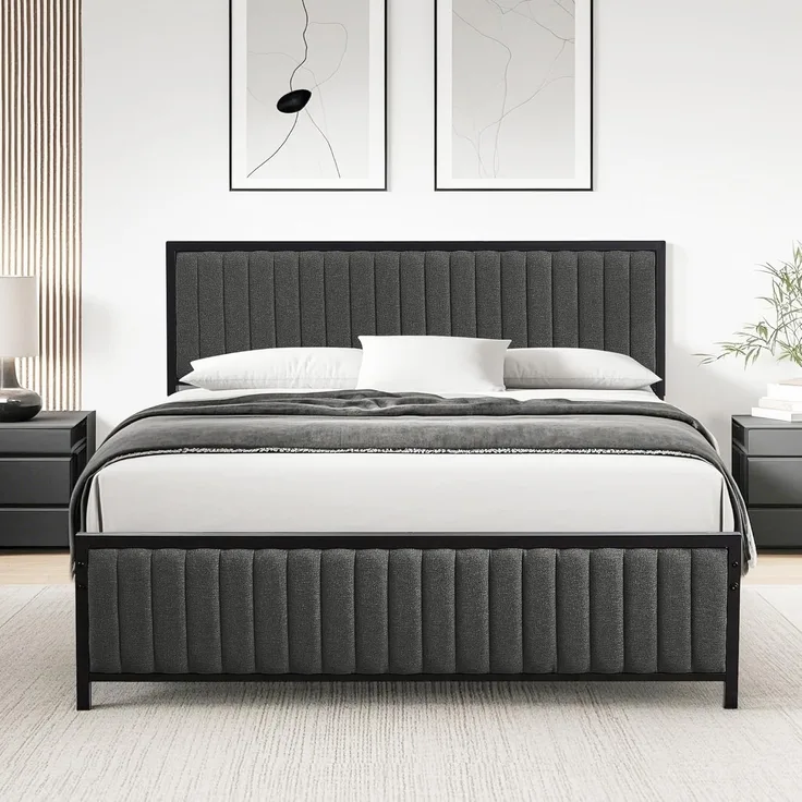VECELO Bettgestell 140x200 cm, Metallbett Doppelbett mit Gepolstertem Kopf- und Fußteil, Bettrahmen mit Lattenrost, 32cm Höhe unter dem Bett, Kein Boxspring Erforderlich, Grau