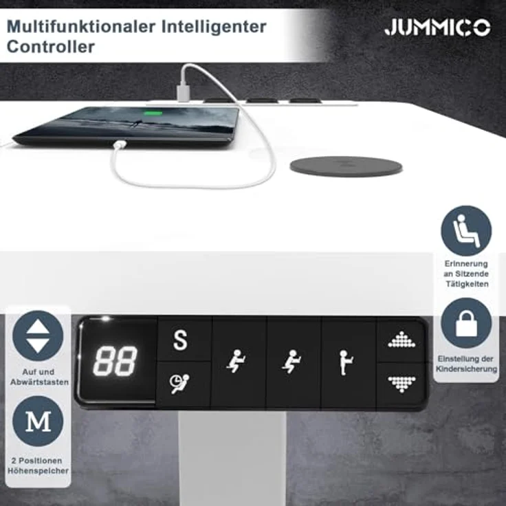 JUMMICO Höhenverstellbarer Schreibtisch 180x80 cm mit Kabelloser Ladestation und Euro-Steckdose mit USB, Schreibtisch Höhenverstellbar Elektrisch Stehtisch, Standing Desk Weiß – Bild 3