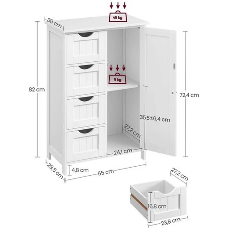 Vasagle Badezimmerschrank mit 4 Schubladen und verstellbarer Ablage, MDF weiß, 82 x 30 x 55 cm – Bild 4